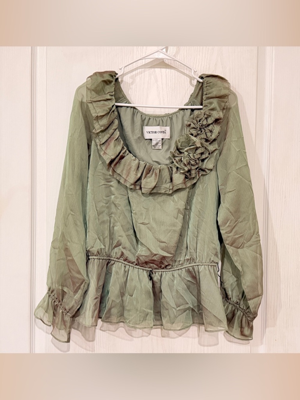 FINAL PRICE Victor Costa Olive Green Ruffled Off-Shoulder Peplum Blouse